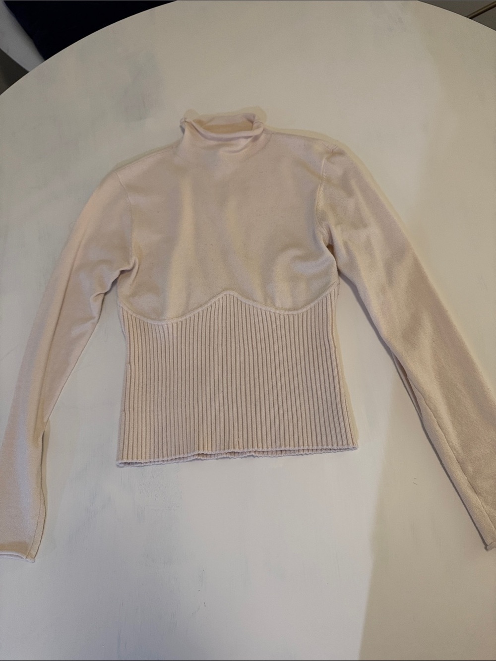 Zara Cream Ribbed Waist Mock Neck Sweater Top